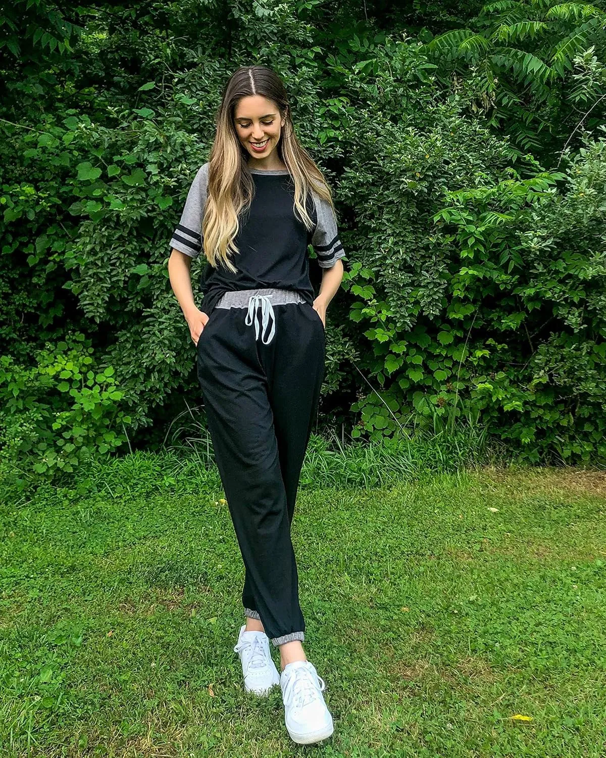 PRETTYGARDEN Women Summer Two Piece Outfits Striped Short Sleeve Pullover and Long Pants Tracksuit Travel Pajama Lounge Set