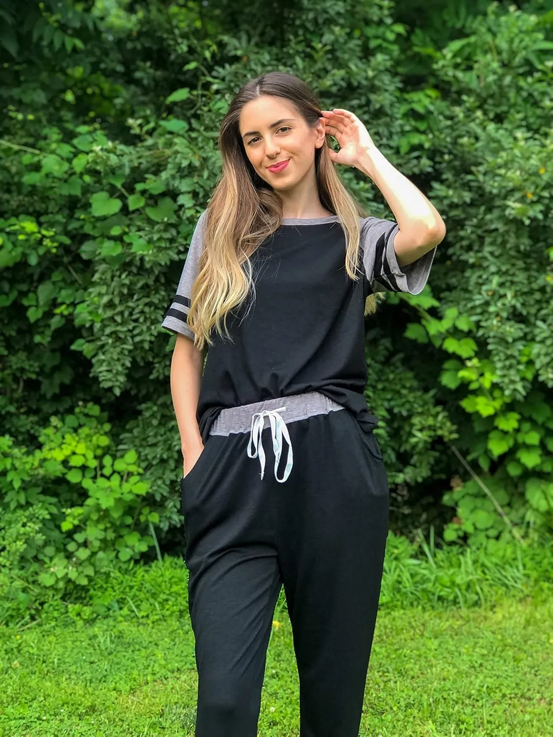 PRETTYGARDEN Women Summer Two Piece Outfits Striped Short Sleeve Pullover and Long Pants Tracksuit Travel Pajama Lounge Set