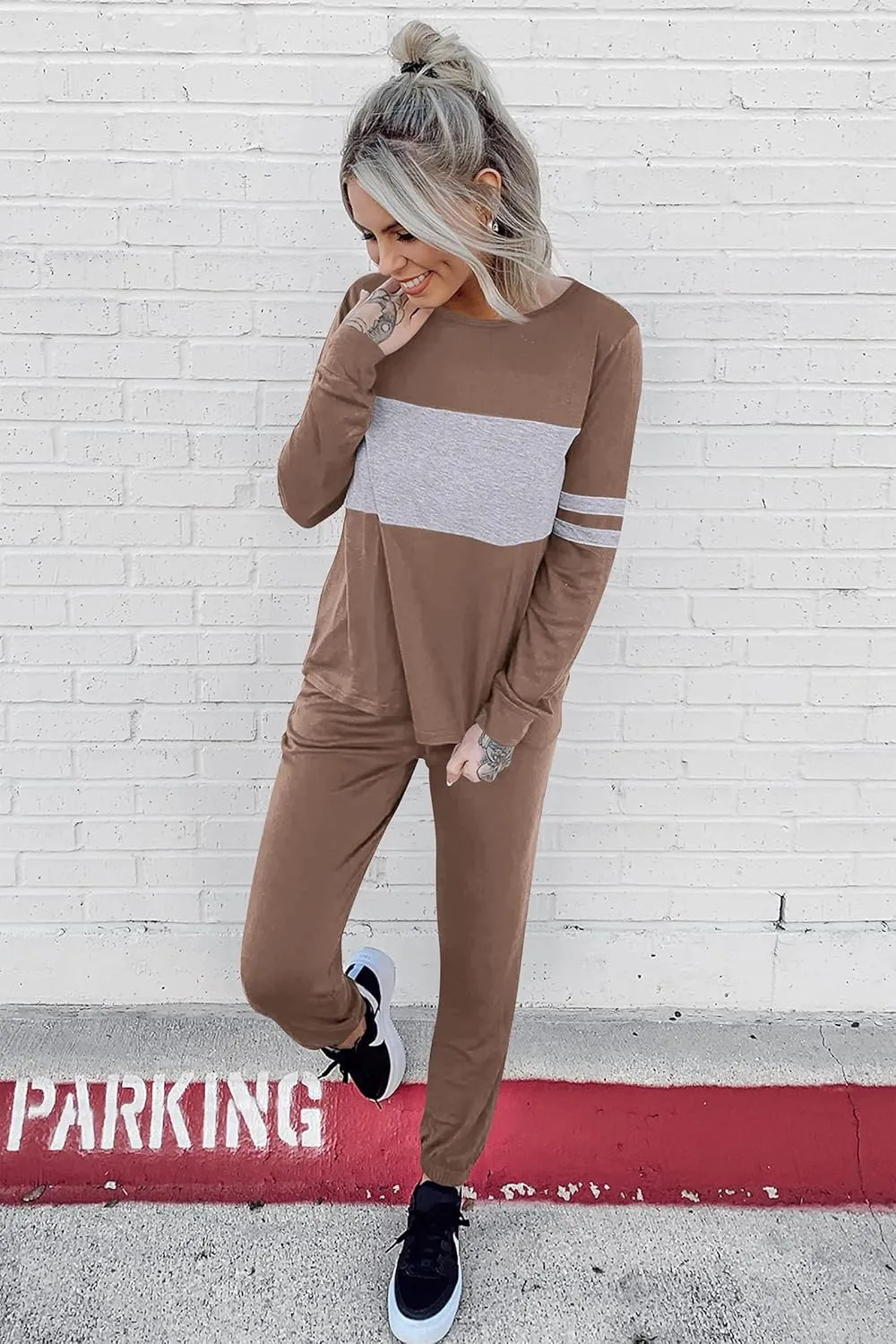 PRETTYGARDEN Women's Color Block 2 Piece Tracksuit Crewneck Long Sleeve Tops Long Sweatpants Outfits Lounge Sets