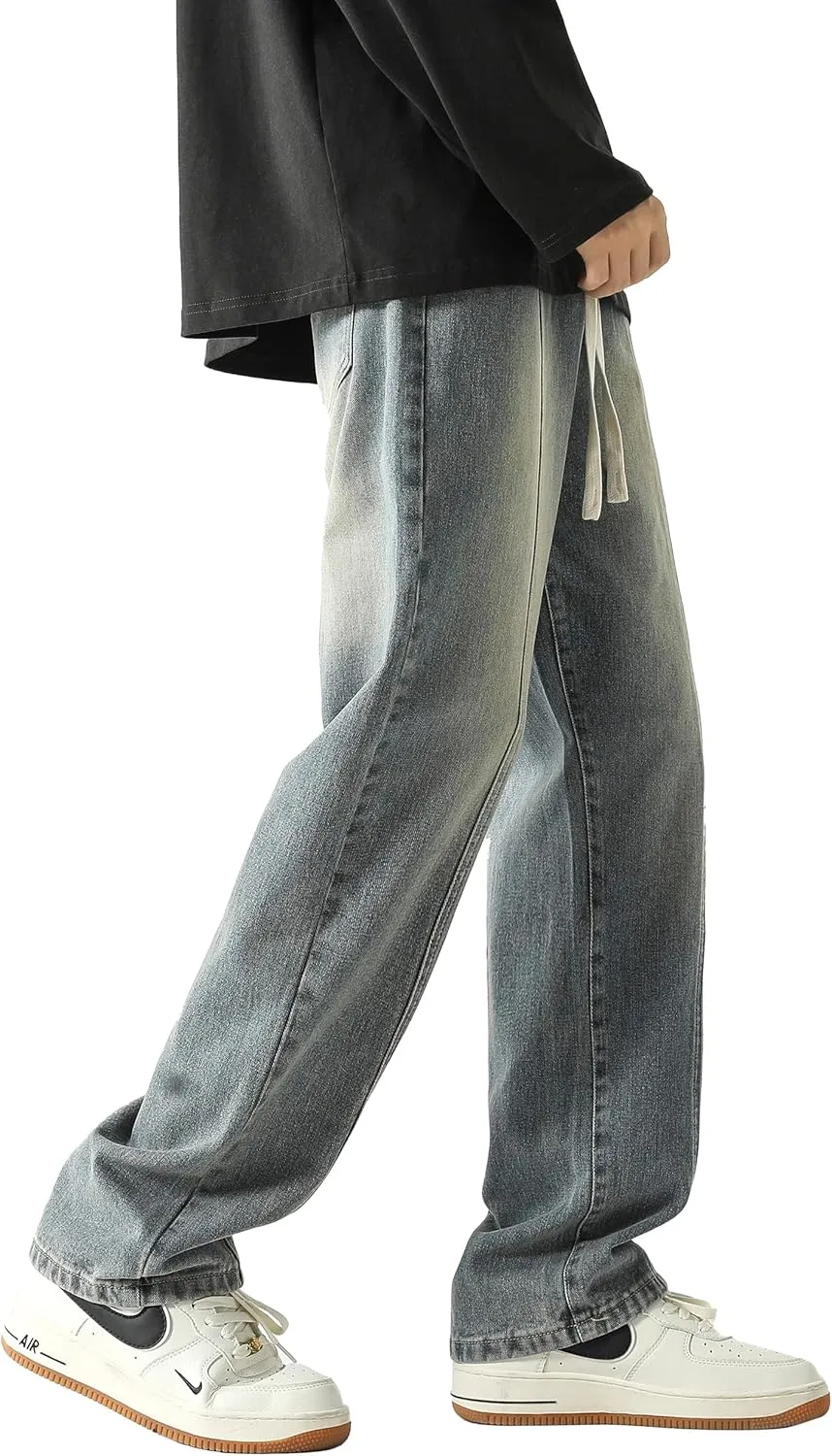PRIJOUHE Mens Relaxed Fit Jeans Elastic Waist Baggy Denim Cargo Pants Drawstring Trousers