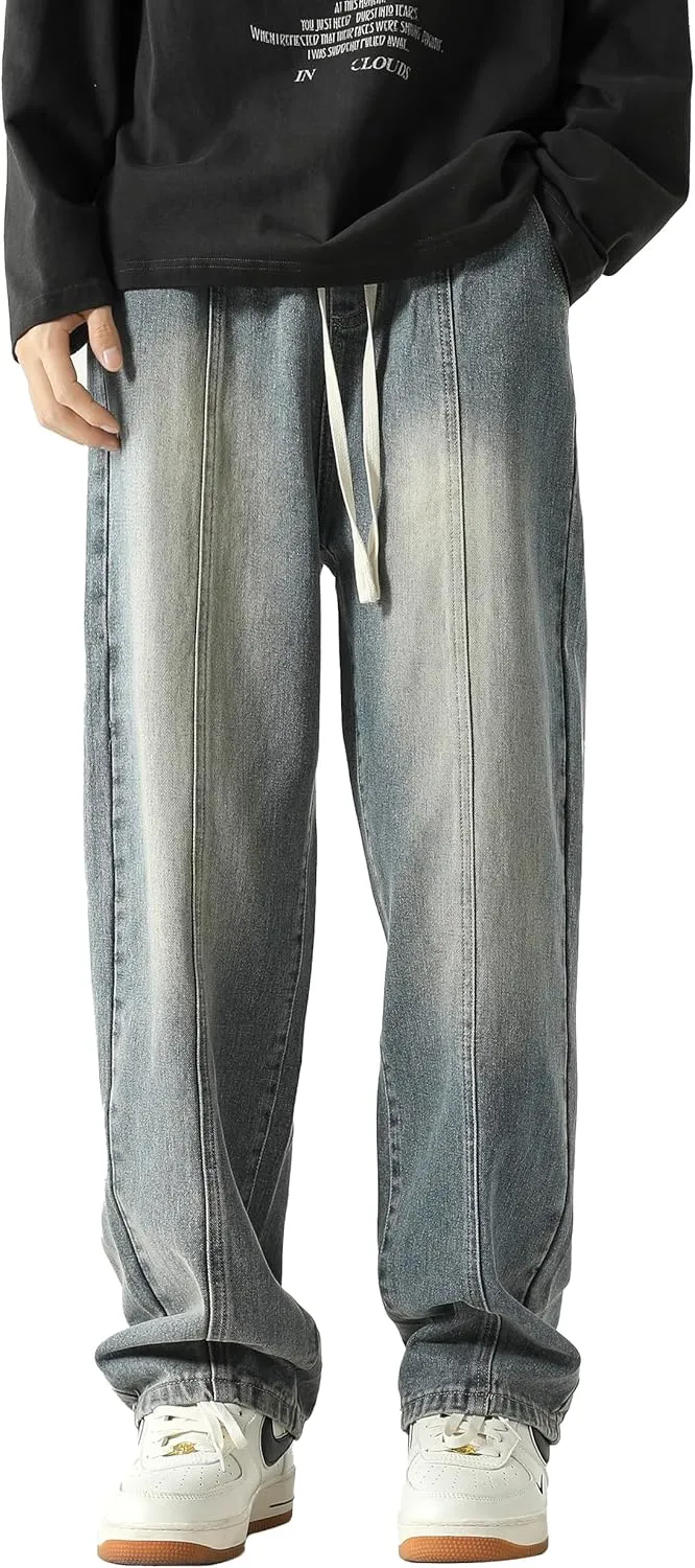 PRIJOUHE Mens Relaxed Fit Jeans Elastic Waist Baggy Denim Cargo Pants Drawstring Trousers