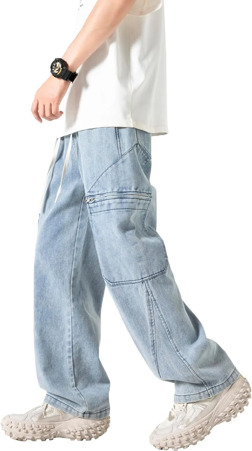 PRIJOUHE Mens Relaxed Fit Jeans Elastic Waist Baggy Denim Cargo Pants Drawstring Trousers