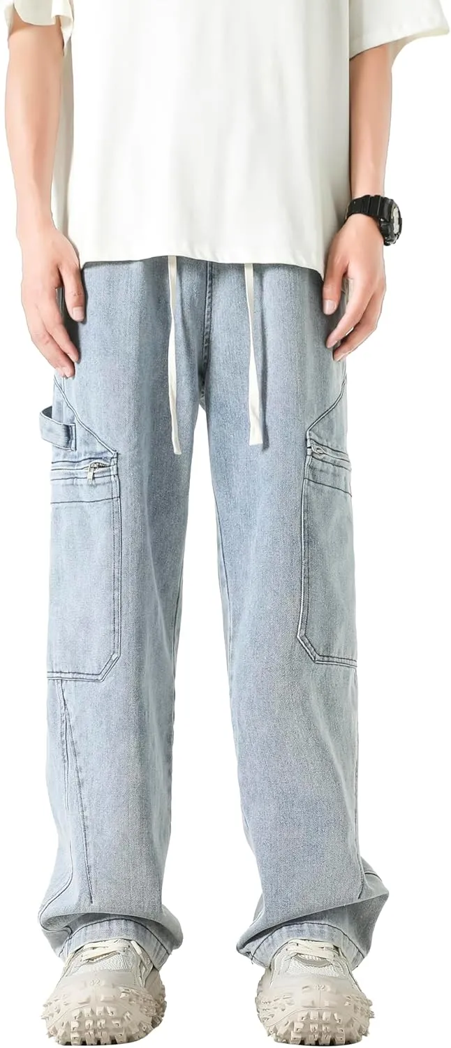 PRIJOUHE Mens Relaxed Fit Jeans Elastic Waist Baggy Denim Cargo Pants Drawstring Trousers