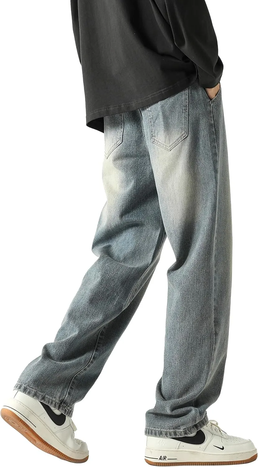 PRIJOUHE Mens Relaxed Fit Jeans Elastic Waist Baggy Denim Cargo Pants Drawstring Trousers