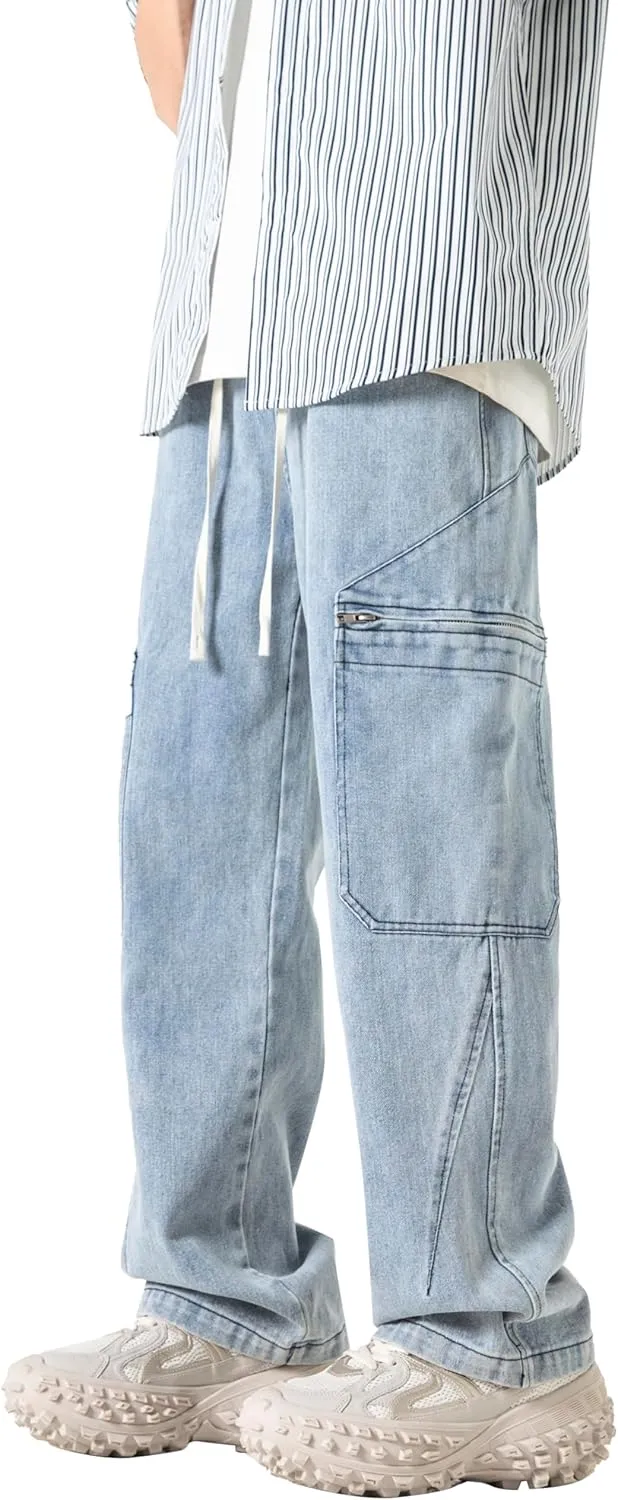 PRIJOUHE Mens Relaxed Fit Jeans Elastic Waist Baggy Denim Cargo Pants Drawstring Trousers