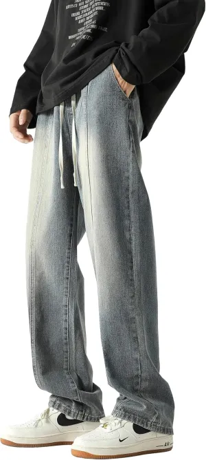PRIJOUHE Mens Relaxed Fit Jeans Elastic Waist Baggy Denim Cargo Pants Drawstring Trousers