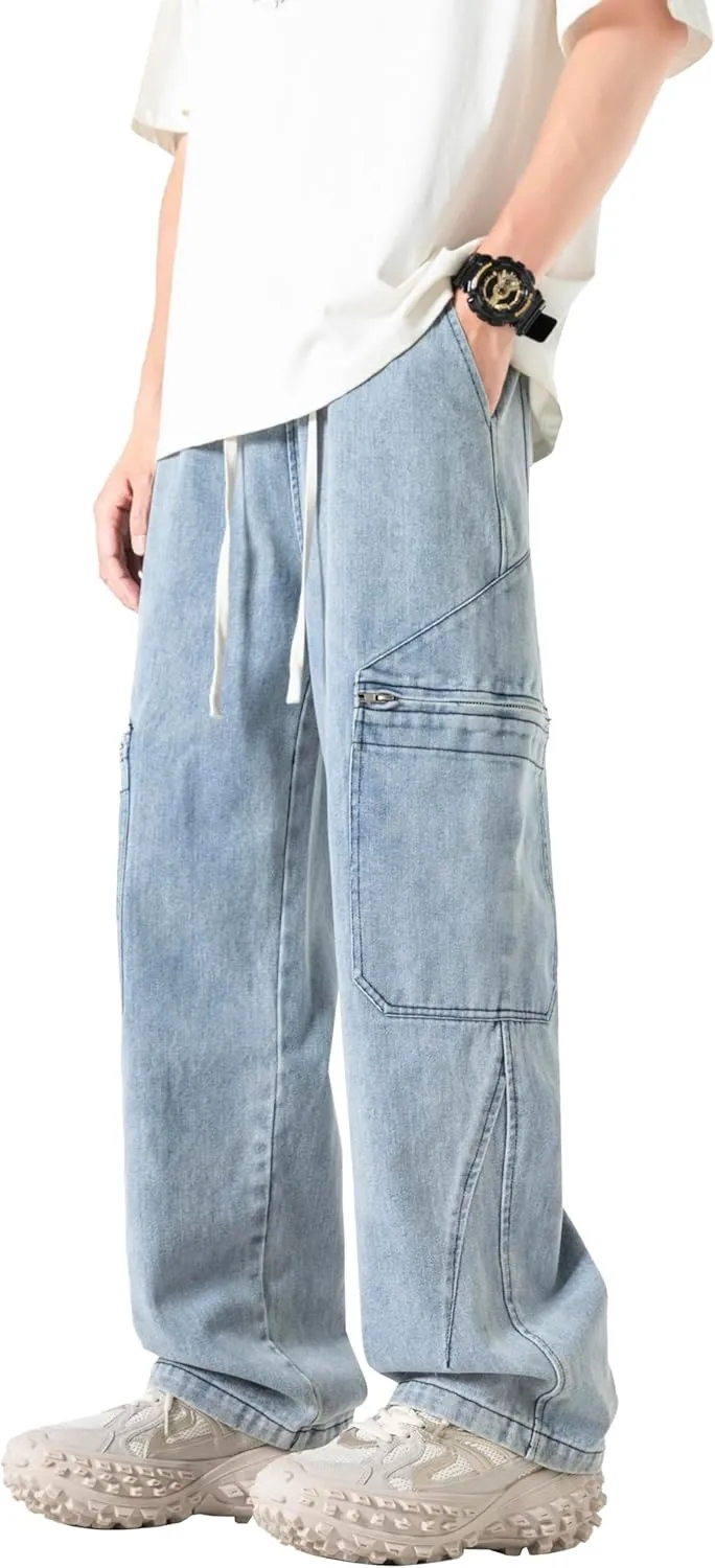 PRIJOUHE Mens Relaxed Fit Jeans Elastic Waist Baggy Denim Cargo Pants Drawstring Trousers