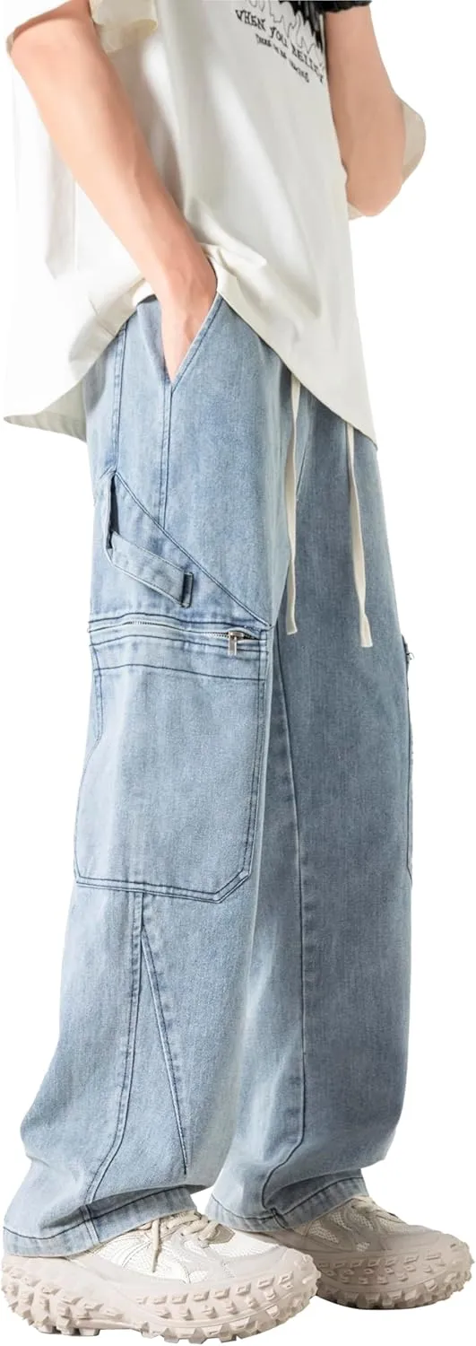 PRIJOUHE Mens Relaxed Fit Jeans Elastic Waist Baggy Denim Cargo Pants Drawstring Trousers