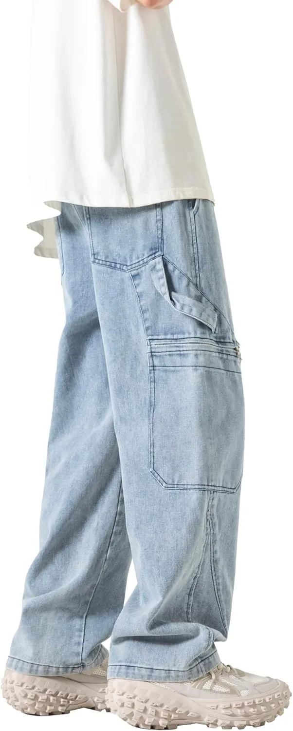 PRIJOUHE Mens Relaxed Fit Jeans Elastic Waist Baggy Denim Cargo Pants Drawstring Trousers