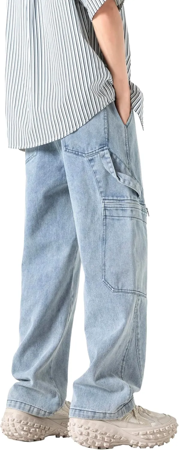 PRIJOUHE Mens Relaxed Fit Jeans Elastic Waist Baggy Denim Cargo Pants Drawstring Trousers