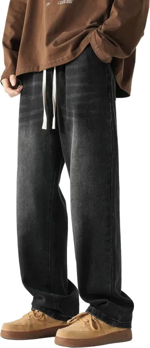 PRIJOUHE Mens Wide Leg Jeans Elastic Waist Baggy Jeans Casual Drawstring Denim Pants Trousers