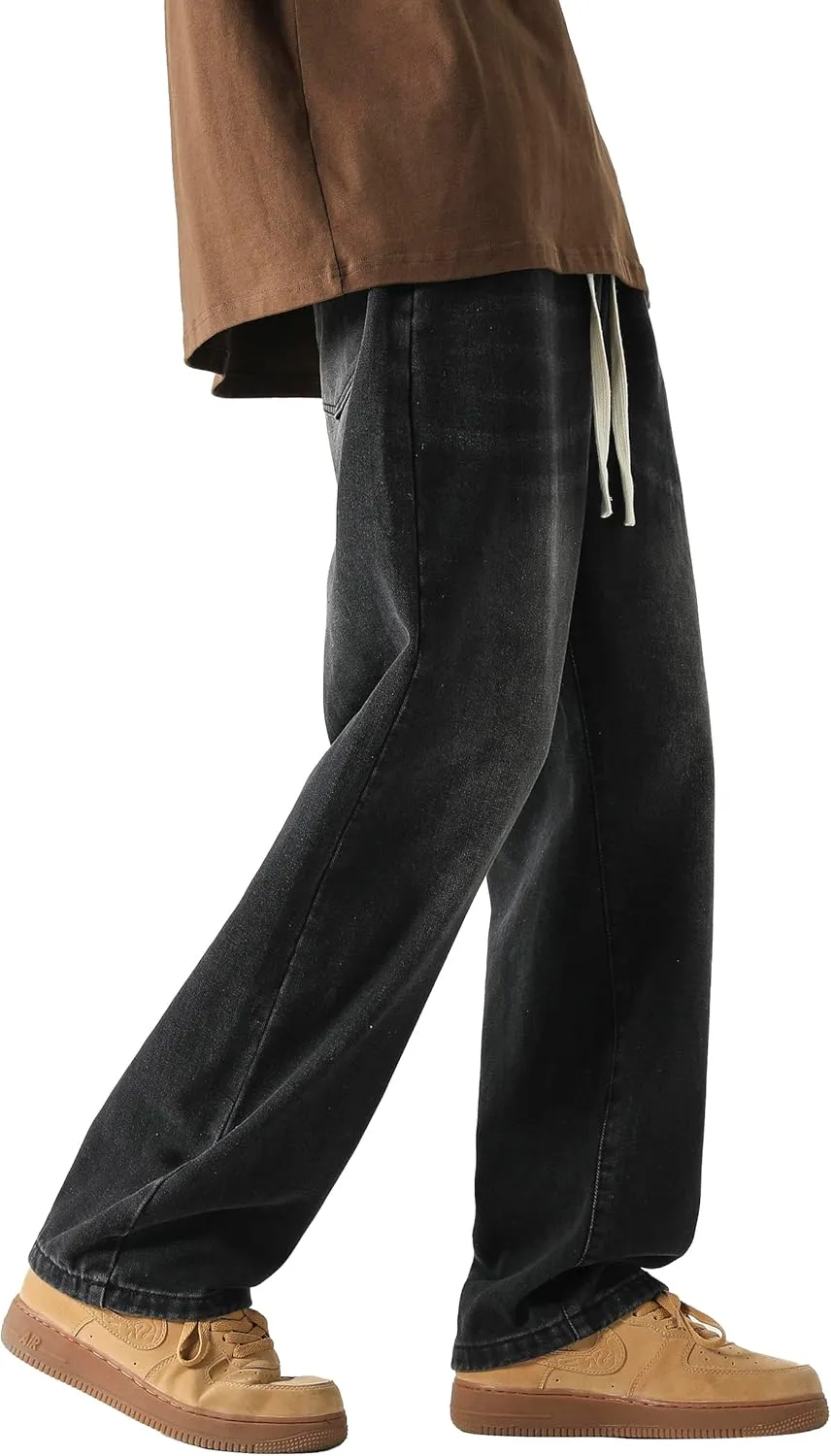 PRIJOUHE Mens Wide Leg Jeans Elastic Waist Baggy Jeans Casual Drawstring Denim Pants Trousers