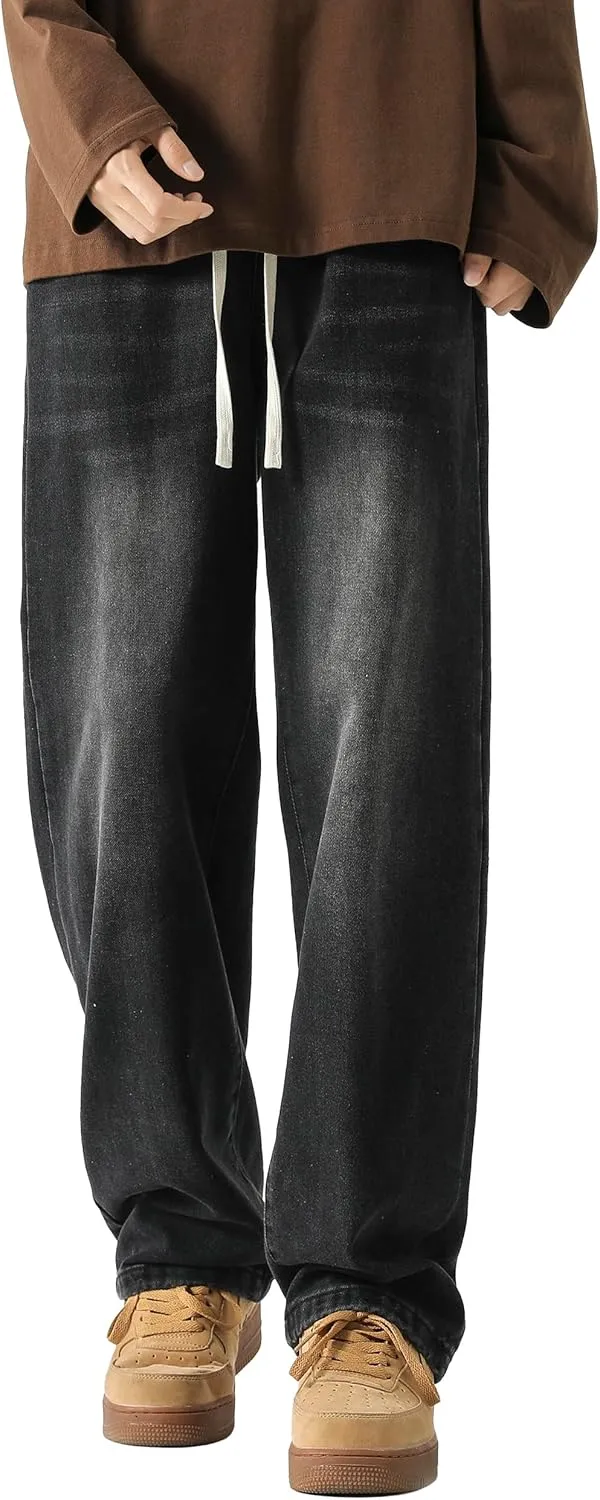 PRIJOUHE Mens Wide Leg Jeans Elastic Waist Baggy Jeans Casual Drawstring Denim Pants Trousers