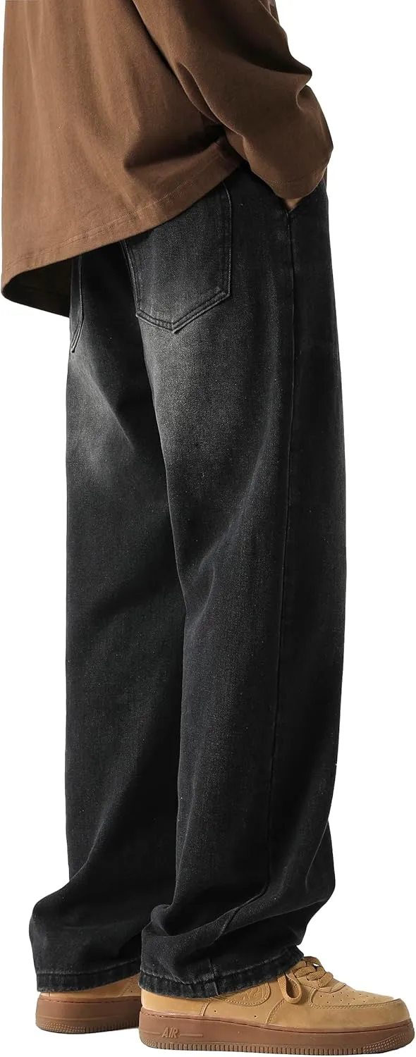 PRIJOUHE Mens Wide Leg Jeans Elastic Waist Baggy Jeans Casual Drawstring Denim Pants Trousers