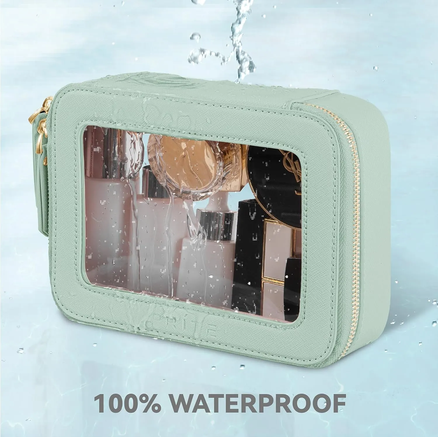 Prite Clear Makeup Bag Cosmetic Organizer Case Waterproof Travel Toiletry Bag Skincare Pouch with Golden Zipper(Green)