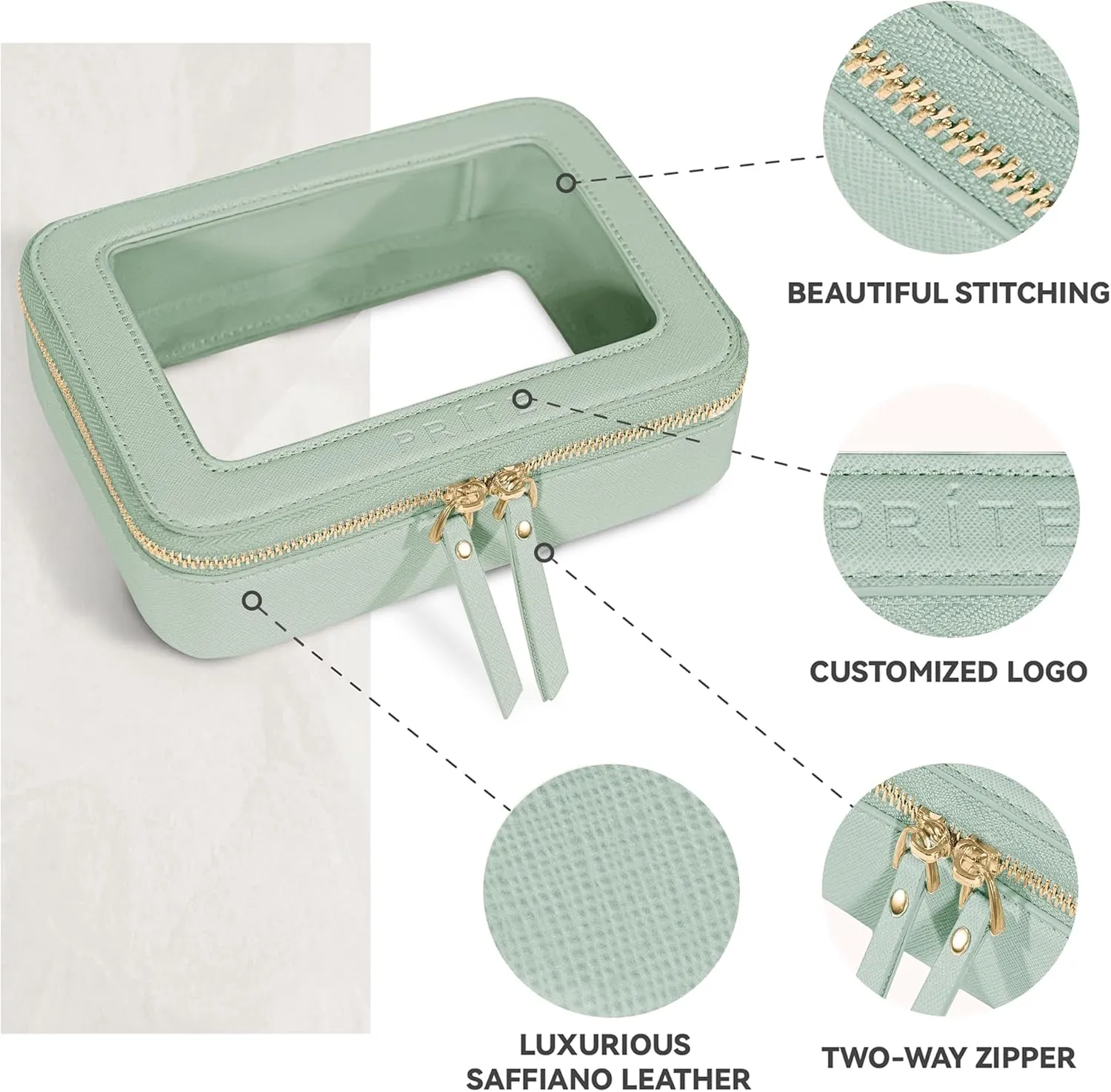 Prite Clear Makeup Bag Cosmetic Organizer Case Waterproof Travel Toiletry Bag Skincare Pouch with Golden Zipper(Green)