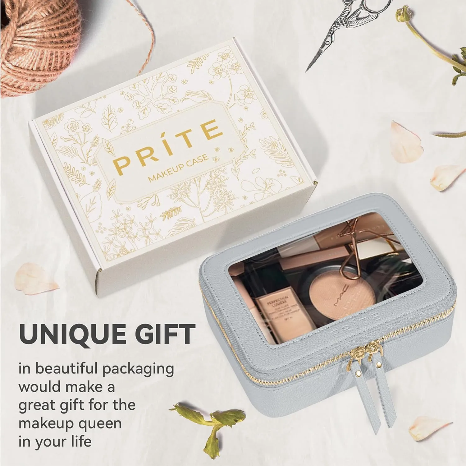 Prite Clear Makeup Bag Cosmetic Organizer Case Waterproof Travel Toiletry Bag Skincare Pouch with Golden Zipper(Grey)