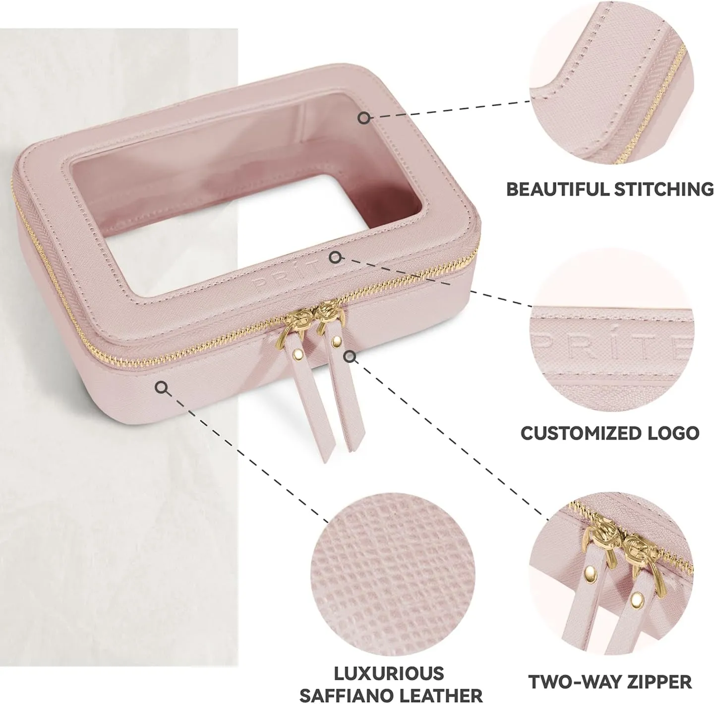 Prite Clear Makeup Bag Cosmetic Organizer Case Waterproof Travel Toiletry Bag Skincare Pouch with Golden Zipper(Pearlescent Pink)