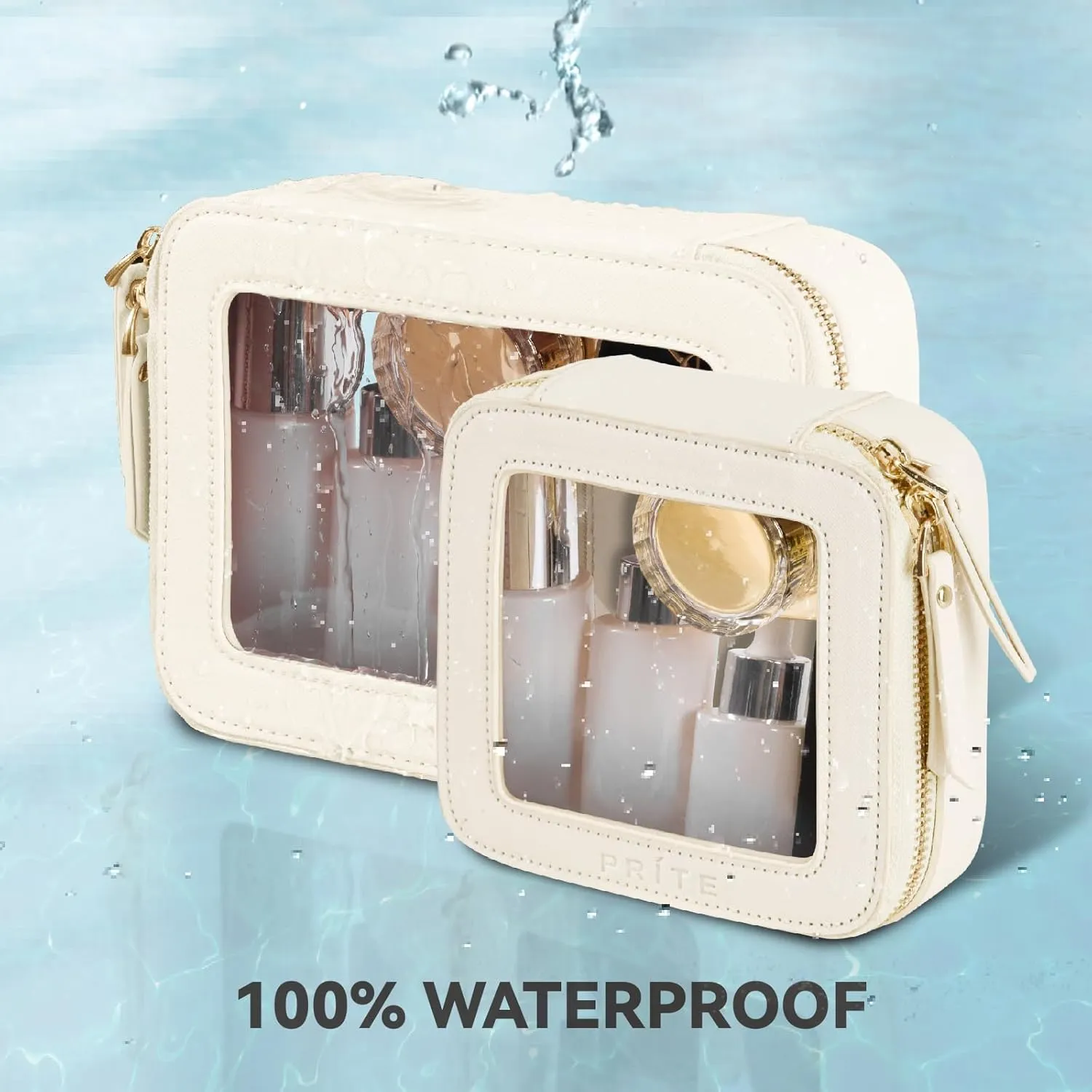 Prite Clear Makeup Bag Set for Women Portable Clear Makeup Bag Cute Waterproof Travel Cosmetic Bag with Gold Zipper for Car Essentials(Beige)