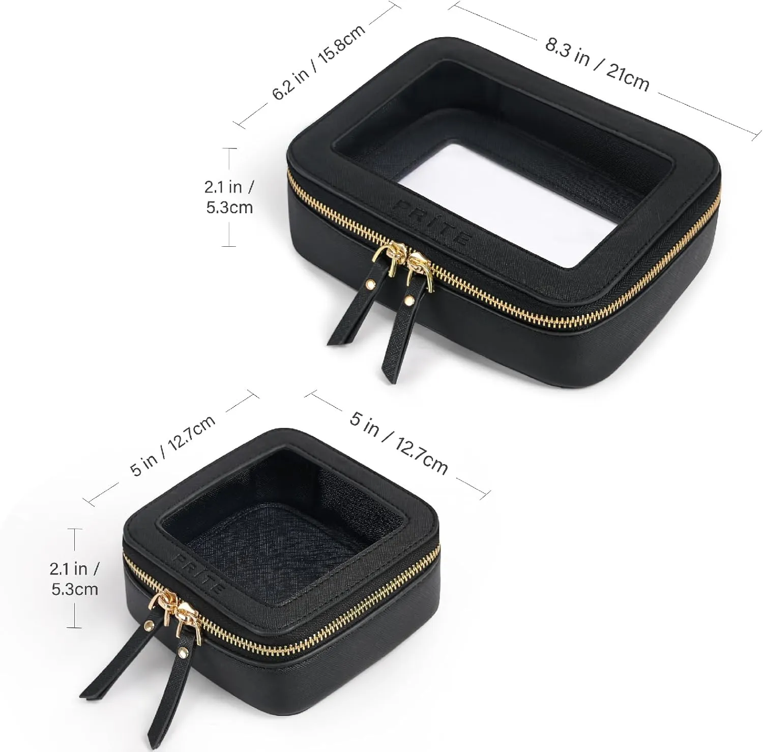 Prite Clear Makeup Bag Set for Women Portable Clear Makeup Bag Cute Waterproof Travel Cosmetic Bag with Gold Zipper for Car Essentials(Black)