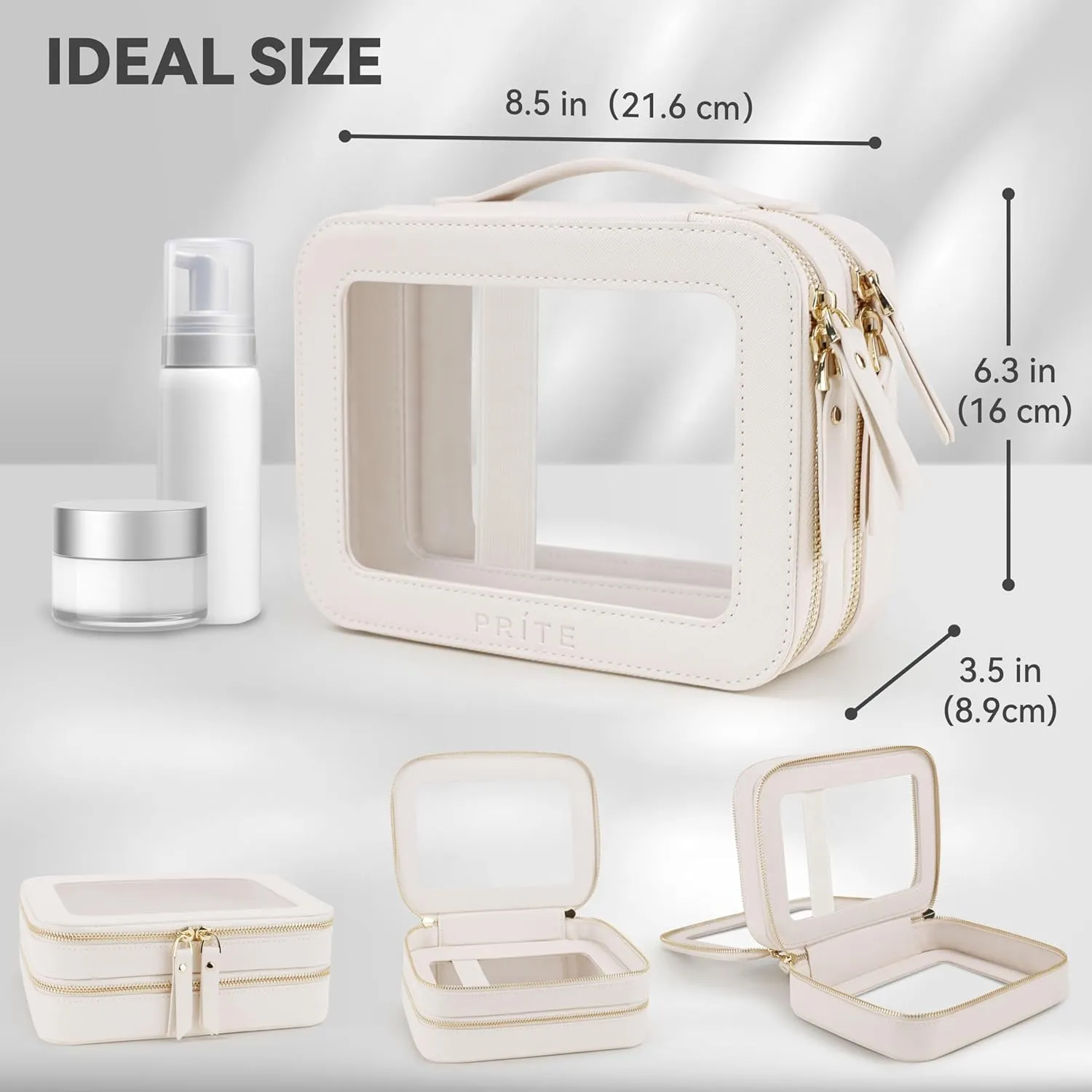 Prite Double Layer Makeup Bag for Women Portable Clear Makeup Bag Cute Waterproof Travel Cosmetic Bag with Gold Zipper for Car Essentials(Beige)