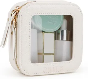 Prite Small Makeup Bag for Women Portable Clear Makeup Bag Cute Mini Waterproof Travel Cosmetic Bag with Gold Zipper for Car Essentials(Beige)