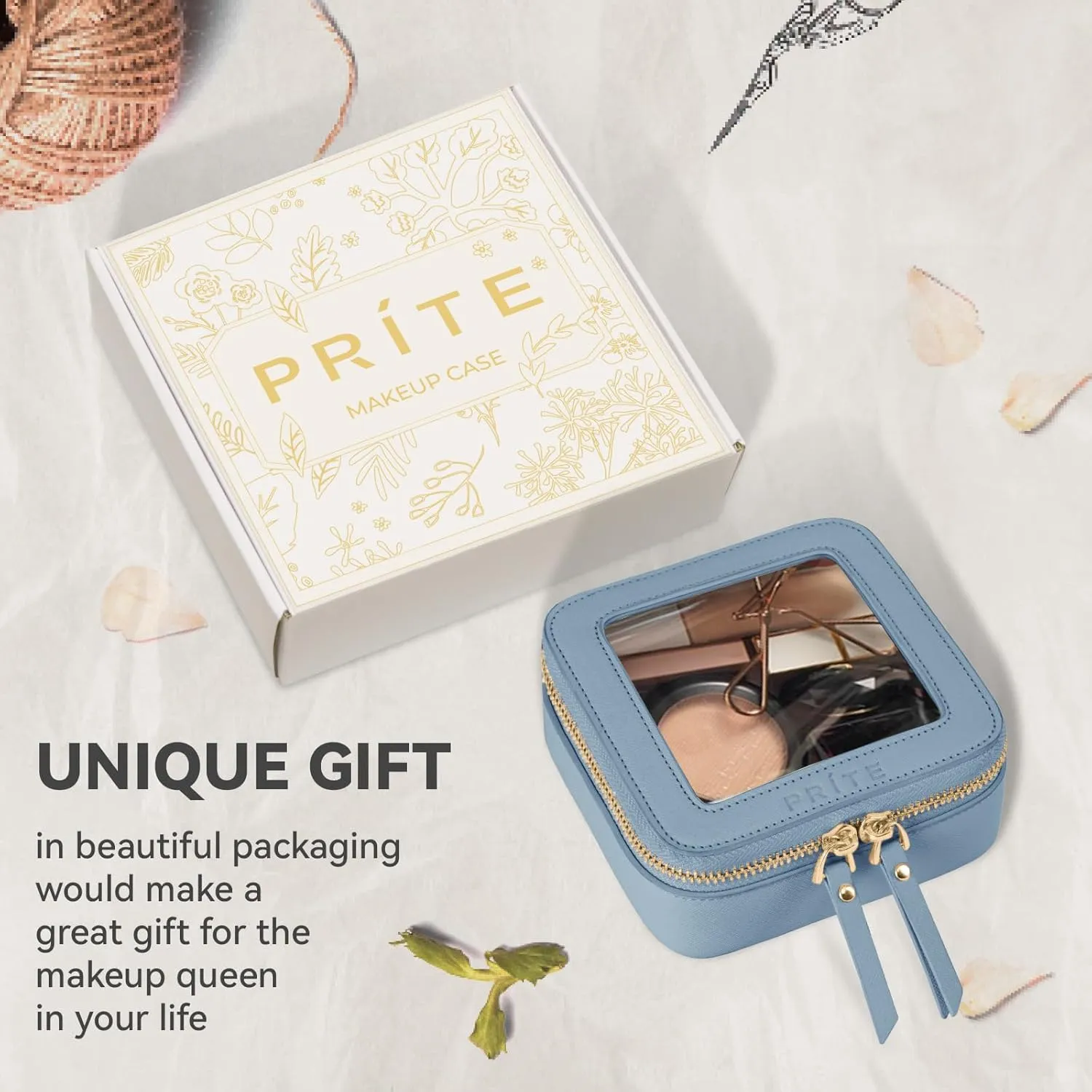 Prite Small Makeup Bag for Women Portable Clear Makeup Bag Cute Mini Waterproof Travel Cosmetic Bag with Gold Zipper for Car Essentials(Blue)