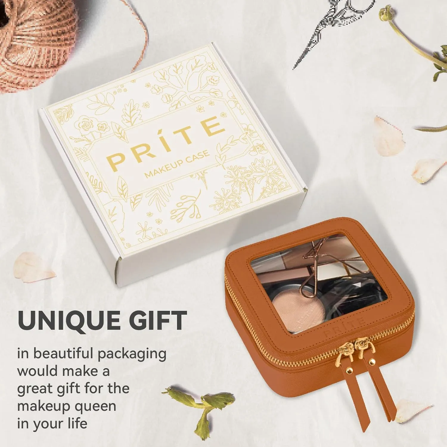 Prite Small Makeup Bag for Women Portable Clear Makeup Bag Cute Mini Waterproof Travel Cosmetic Bag with Gold Zipper for Car Essentials(Brown)