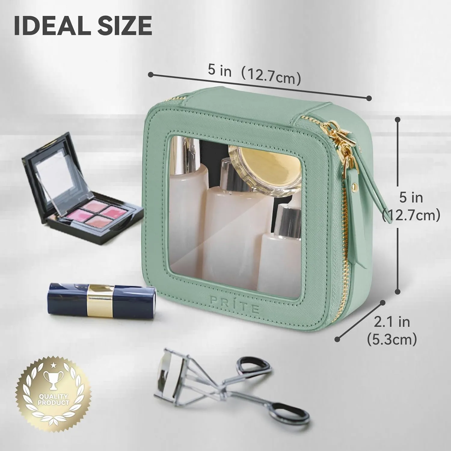 Prite Small Makeup Bag for Women Portable Clear Makeup Bag Cute Mini Waterproof Travel Cosmetic Bag with Gold Zipper for Car Essentials(Green)