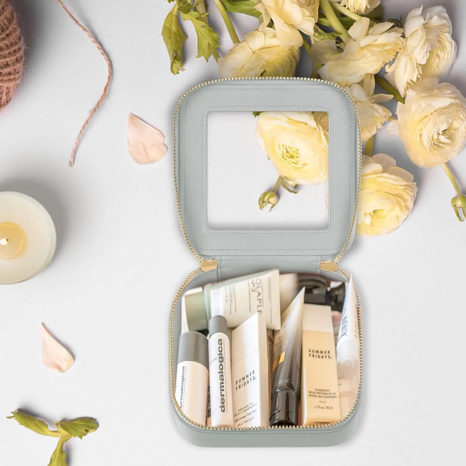 Prite Small Makeup Bag for Women Portable Clear Makeup Bag Cute Mini Waterproof Travel Cosmetic Bag with Gold Zipper for Car Essentials(Grey)