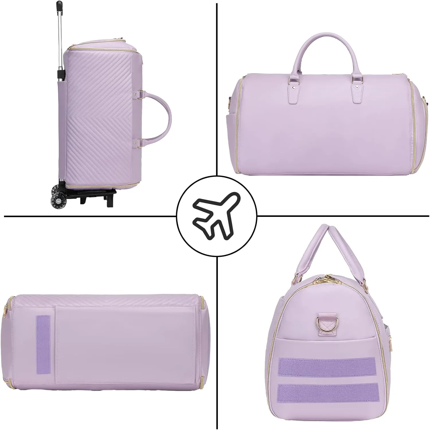 Pro Rolling Garment Bag - Detachable Handle & Extended Base, Waterproof PVC Leather with Shoe/Cosmetic Pockets, Silent Wheels for Air Travel/Weddings (48.5" Hanging System)（Purple）