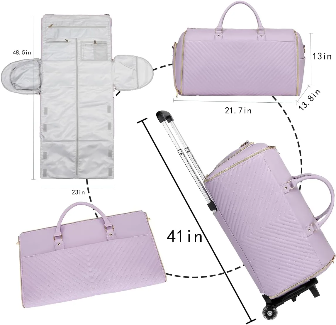 Pro Rolling Garment Bag - Detachable Handle & Extended Base, Waterproof PVC Leather with Shoe/Cosmetic Pockets, Silent Wheels for Air Travel/Weddings (48.5" Hanging System)（Purple）
