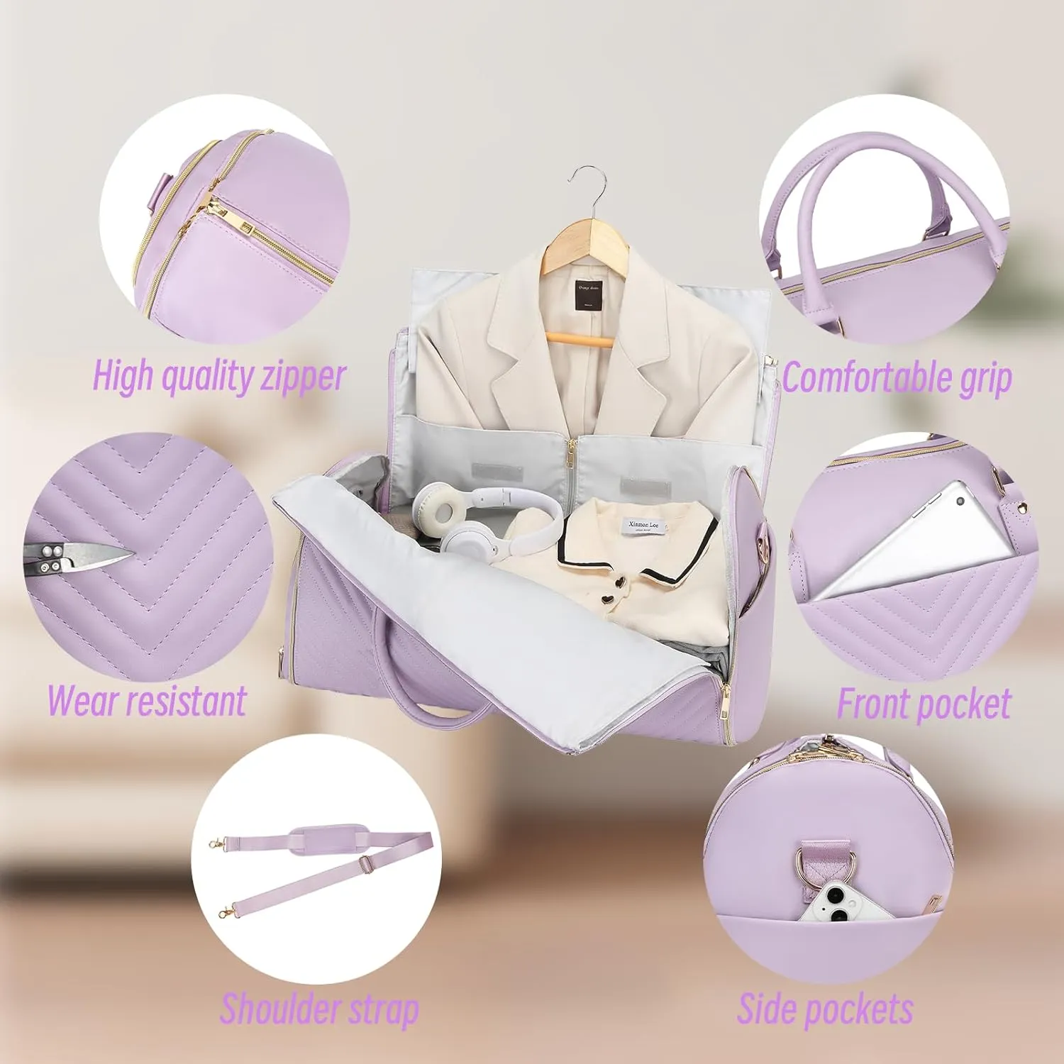 Pro Rolling Garment Bag - Detachable Handle & Extended Base, Waterproof PVC Leather with Shoe/Cosmetic Pockets, Silent Wheels for Air Travel/Weddings (48.5" Hanging System)（Purple）