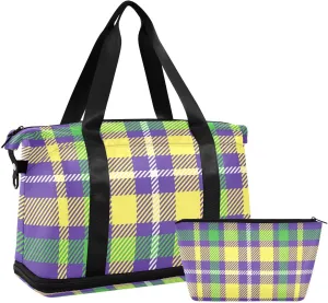 Purple Green Lattice Versatile Sports Travel Bag - Lasting Twill Tote, Removable Wheel & Rod Bagging, Multi-pocket Design, Complimentary Makeup Bag