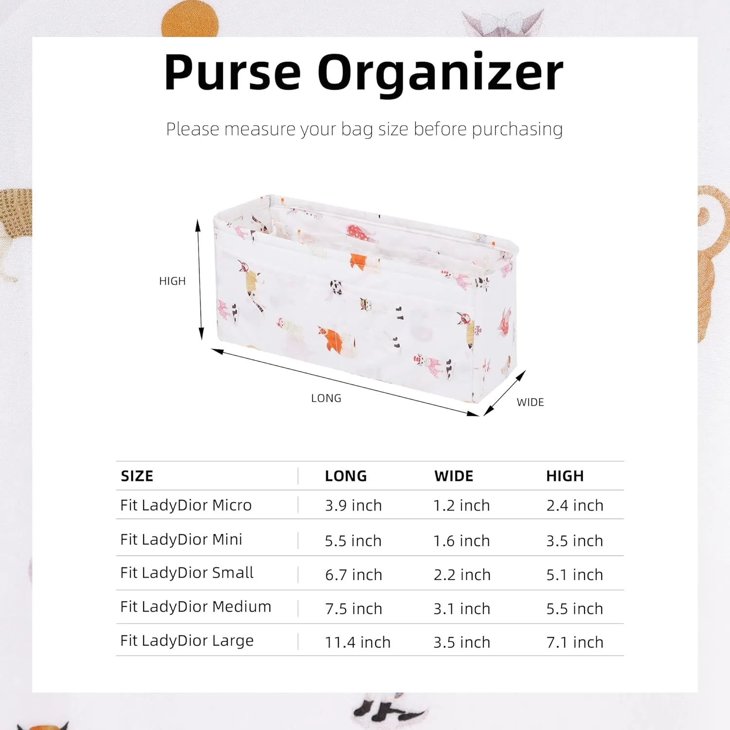 Purse Organizer Insert for LadyDior Bags, Soft Handbag Tote Organizer Liner, Women Luxury Handbag Tote Inner Bag(Medium, Cat Paradise)