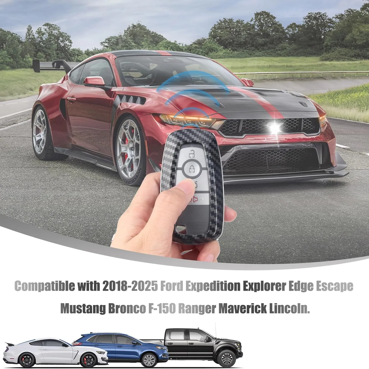 QBUC for Ford Key Fob Cover with Keychain Full Protection Durable ABS Shell Compatible with 2018-2025 Expedition Explorer Edge Escape Mustang Bronco F-150 Ranger Maverick Lincoln(Carbon Fiber)