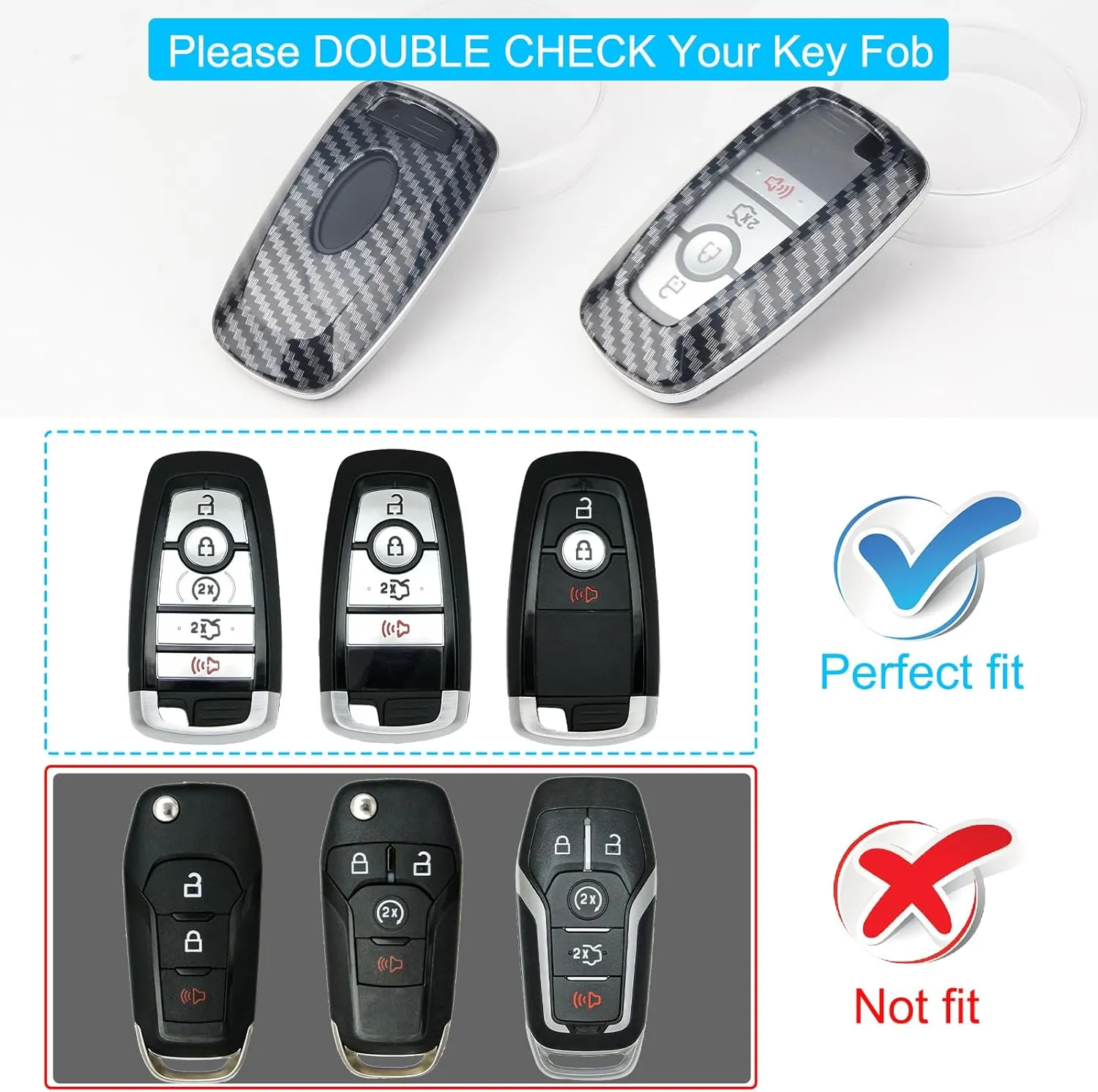 QBUC for Ford Key Fob Cover with Keychain Full Protection Durable ABS Shell Compatible with 2018-2025 Expedition Explorer Edge Escape Mustang Bronco F-150 Ranger Maverick Lincoln(Carbon Fiber)