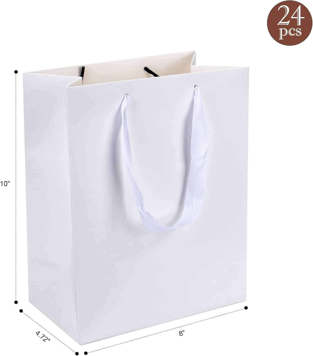 QIELSER 24 pc Kraft Gift Bags - Medium Size 8x4.75x10 Inches, White Paper Shopping Bags with Ribbon Handles for Parties, Weddings and More