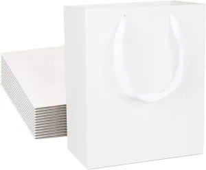 QIELSER 24 pc Kraft Gift Bags - Medium Size 8x4.75x10 Inches, White Paper Shopping Bags with Ribbon Handles for Parties, Weddings and More