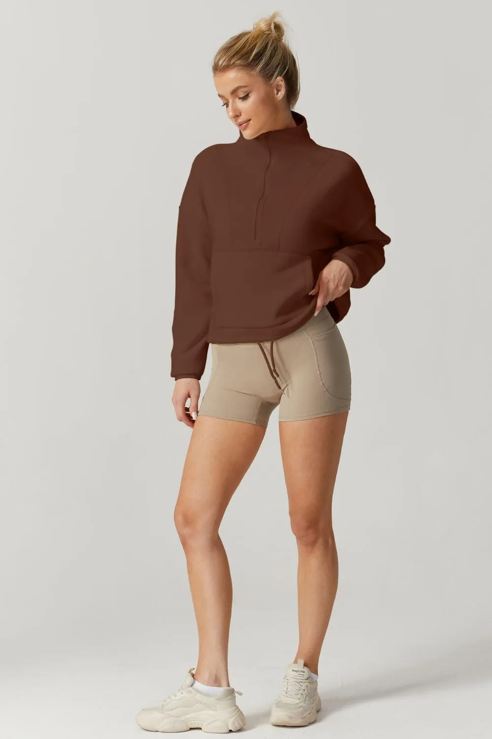 QINSEN Women Half Zip Fleece Sweatshirt Mock Neck Long Sleeve Winter Cozy Sherpa Pullover Sweater Tops