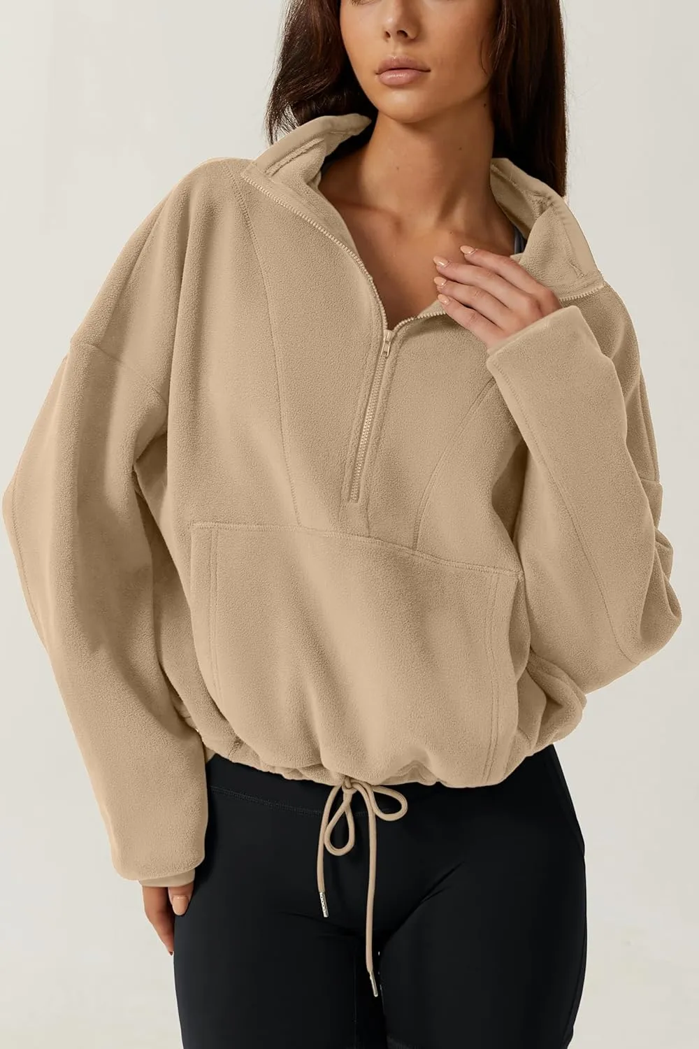 QINSEN Women Half Zip Fleece Sweatshirt Mock Neck Long Sleeve Winter Cozy Sherpa Pullover Sweater Tops