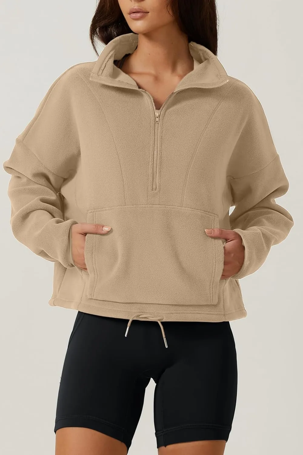 QINSEN Women Half Zip Fleece Sweatshirt Mock Neck Long Sleeve Winter Cozy Sherpa Pullover Sweater Tops