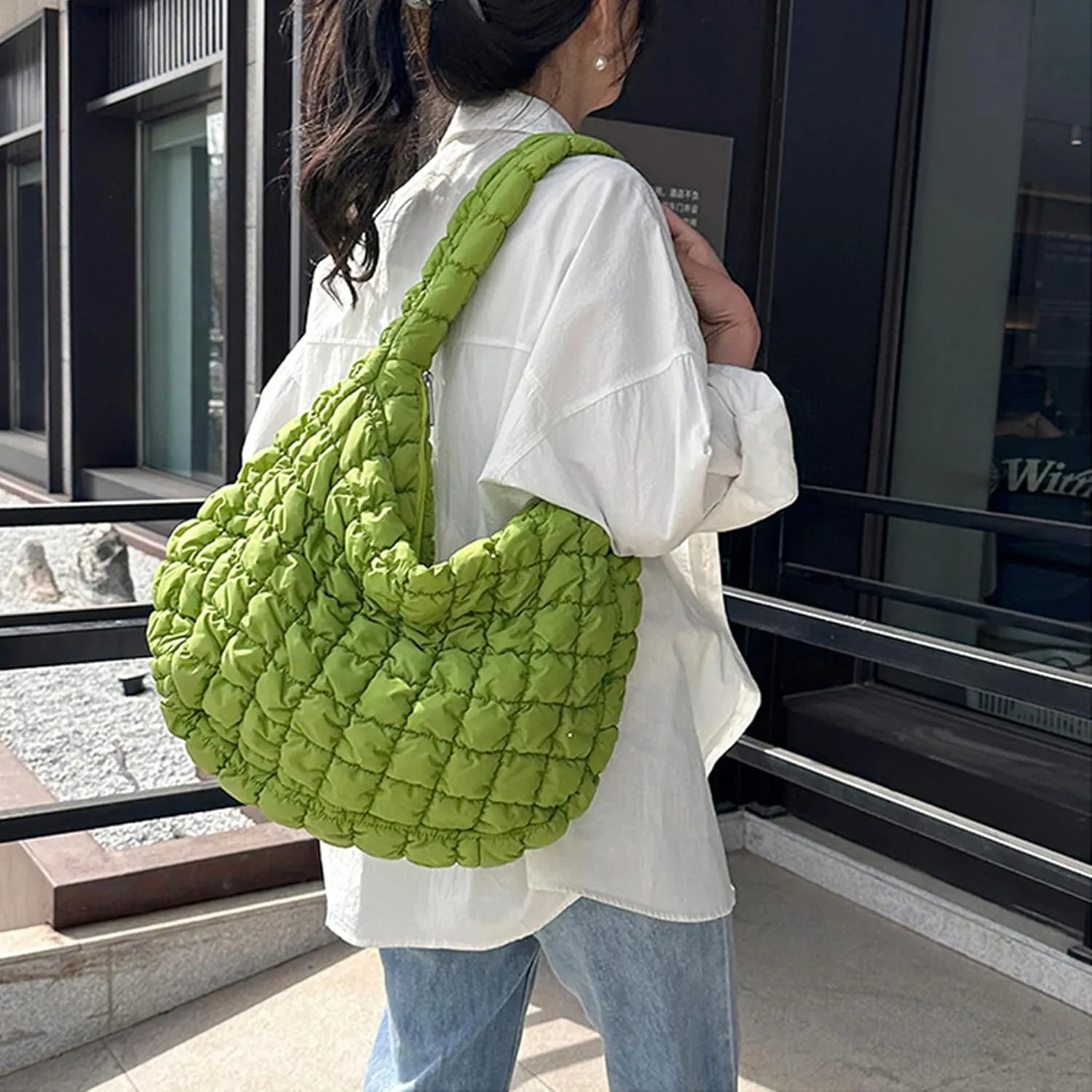 Quilted Tote Bag for Women Padded Shoulder Bag Large Hobo Purse Lightweight Nylon Padding Handbag