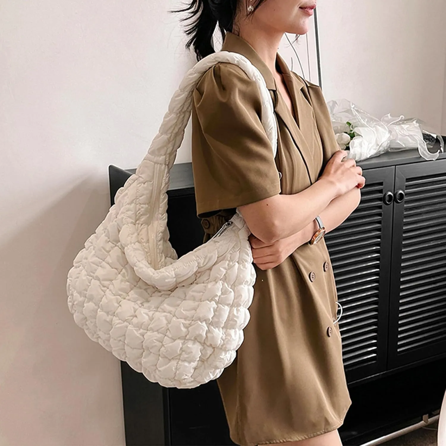 Quilted Tote Bag for Women Padded Shoulder Bag Large Hobo Purse Lightweight Nylon Padding Handbag