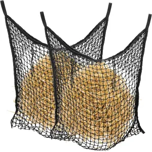 QWORK Slow Feed Hay Net Bags for Horses and Goats, 35x31 Inch, 2 Pcs, PE Woven Rope, Black, Slow Feeding Design, Reduces Hay Loss, Ideal for Stalls, Trailers, Fences
