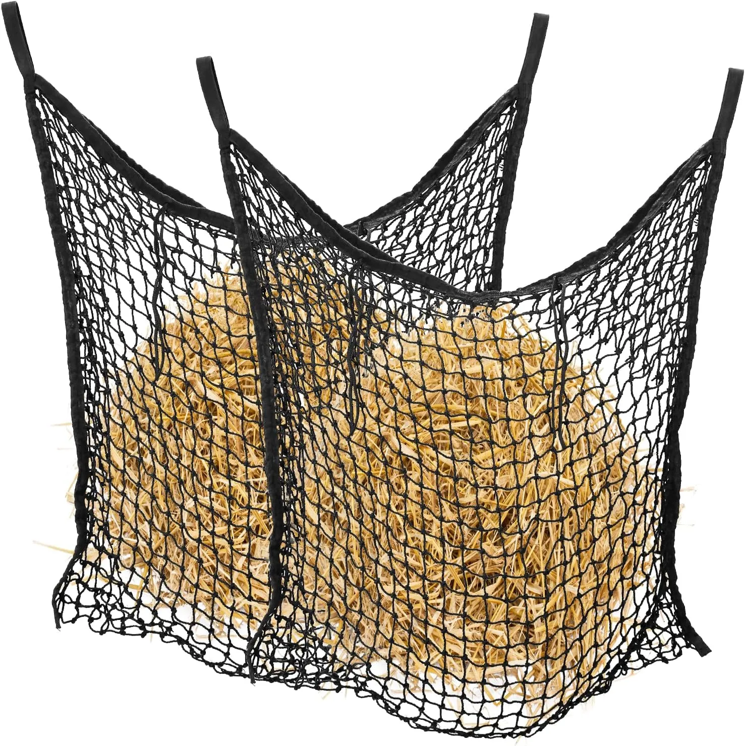 QWORK Slow Feed Hay Net Bags for Horses and Goats, 35x31 Inch, 2 Pcs, PE Woven Rope, Black, Slow Feeding Design, Reduces Hay Loss, Ideal for Stalls, Trailers, Fences