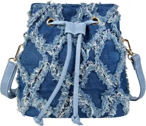 QZUnique Women Denim Mini Bucket Bag Crossbody Purse Shoulder Handbag Drawstring Quilted Tassel Barrel Shape Satchel Tote Bag