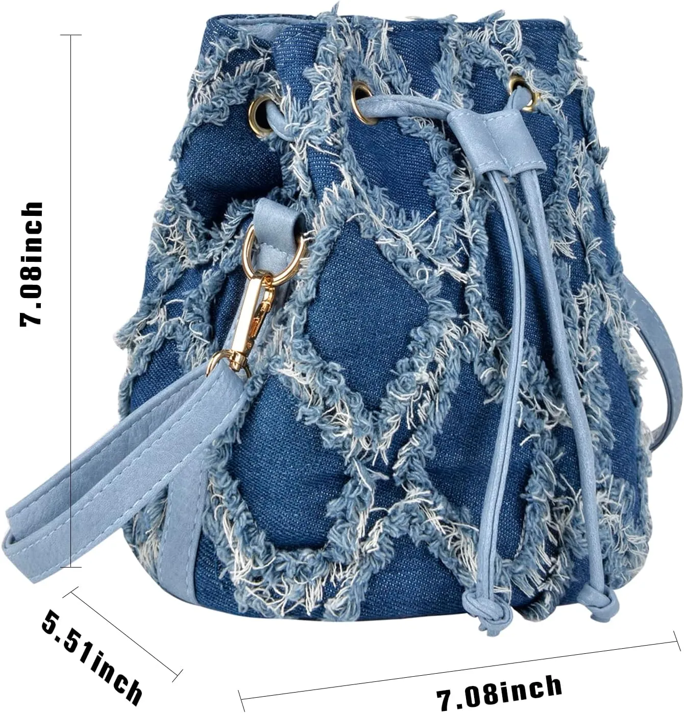QZUnique Women Denim Mini Bucket Bag Crossbody Purse Shoulder Handbag Drawstring Quilted Tassel Barrel Shape Satchel Tote Bag