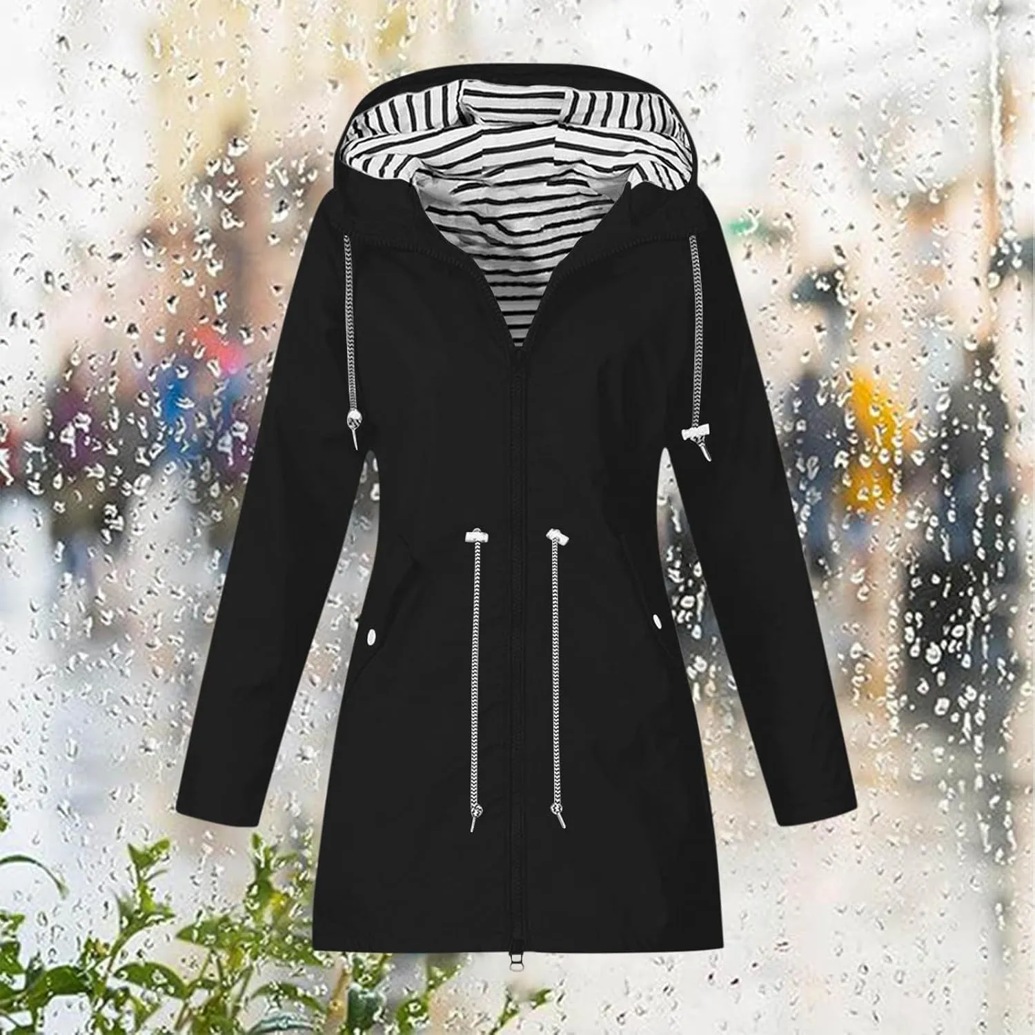 Rain Jacket Women Lightweight Raincoat Waterproof Windbreaker Striped Climbing Outdoor Hooded Trench Coats 2024