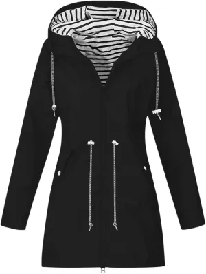 Rain Jacket Women Lightweight Raincoat Waterproof Windbreaker Striped Climbing Outdoor Hooded Trench Coats 2024
